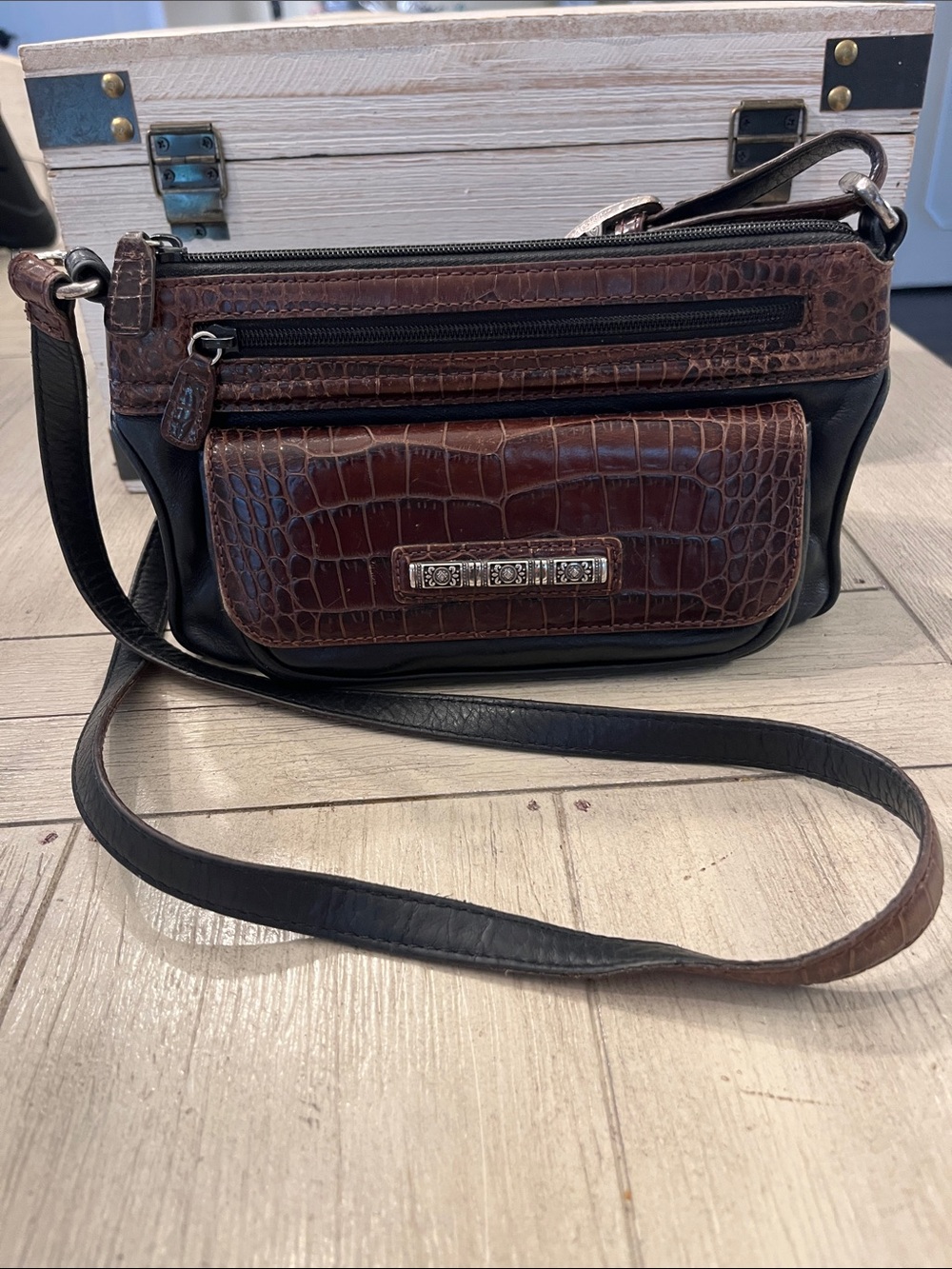 Brighton Brown Croc-Embossed Leather Crossbody Bag with Black Trim